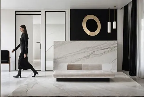 a woman walking in a living room with black walls,roitfeld,streitfeld,mahdavi,corian,marble,marble texture,Photography,General,Realistic