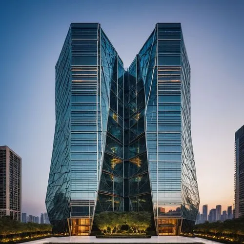 Modern architecture, futuristic skyscraper, geometric shape, glass façade, steel frame, angular lines, LED lights, rooftop garden, urban landscape, cityscape, panoramic view, 3/4 composition, symmetri