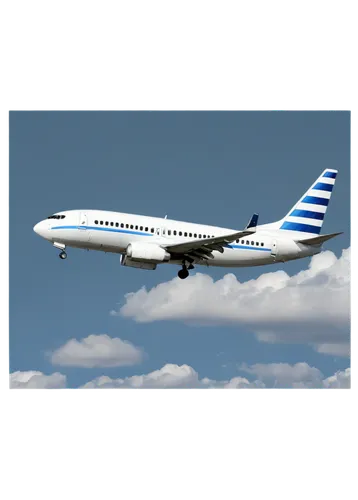 Airplane, Boeing 737, white body, blue stripes, shiny metal, winglets, engines, cockpit windows, pilot waving, takeoff scene, morning sunlight, contrail, dramatic clouds, panoramic view, cinematic com