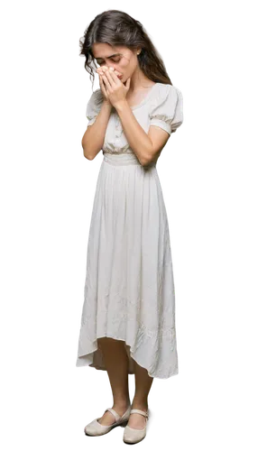 woman, sorrowful expression, tears in eyes, messy hair, pale skin, simple white dress, worn-out shoes, slumped posture, hands covering face, mourning, candlelight, dimly lit, 3/4 composition, shallow 