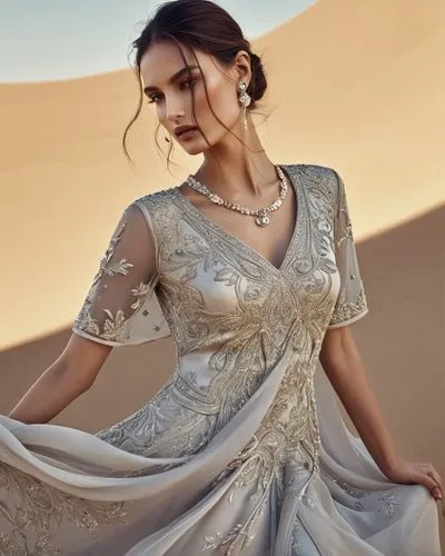 a woman standing in the sand dunes wearing a dress with an intricately patterned design,tahiliani,mastani,arabian,hydari,indian bride,aditi rao hydari,Photography,Documentary Photography,Documentary P