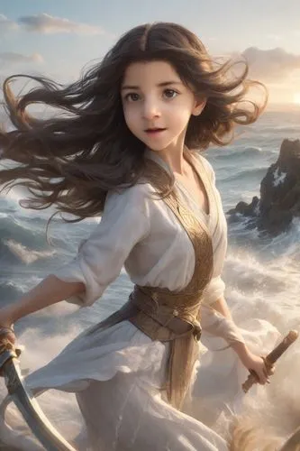 little girl in wind,kahlan,belle,rapunzel,katara,moana,the wind from the sea,mulan,alita,margairaz,arwen,the sea maid,seregil,esmeralda,serafina,galadriel,wind warrior,pevensie,at sea,fantasy picture,Photography,Realistic