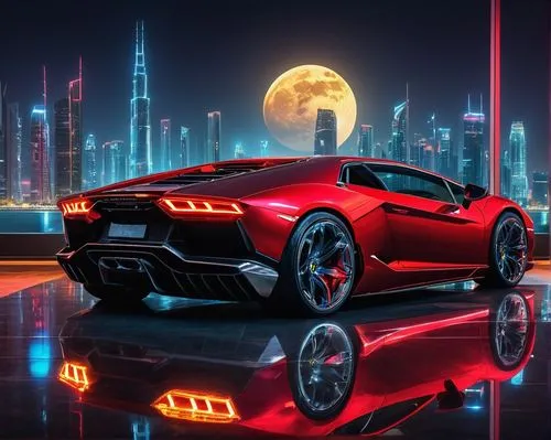 Modern futuristic skyscraper, sleek metallic exterior, curved lines, neon lights, urban cityscape, night scene, full moon, misty atmosphere, reflections on glass windows, luxurious sports car, Lamborg