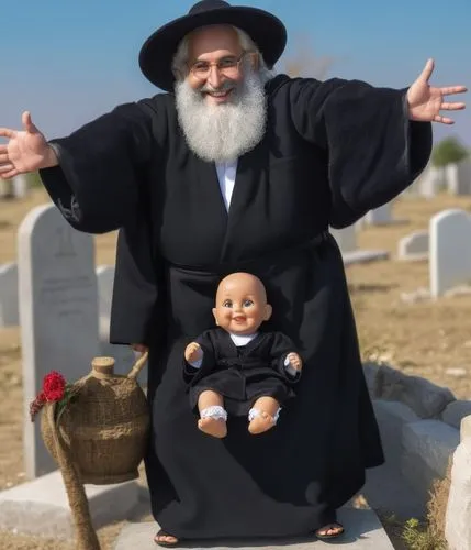 A cartoon of a judge in a black robe holding a doll in the form of a smiling rabbi in oriental clothing - a dress jacket and sandals, and placing it on a grave,lubavitch,tzaddik,lubavitcher,gutnick,yi