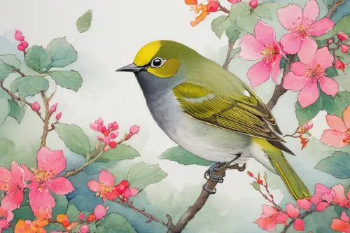 japanese white-eye,magnolia warbler,flower and bird illustration,spring bird,bird painting,golden crowned kinglet,townsend's warbler,cape white-eye,common firecrest,white-eye,tropical bird climber,silvereye,bird illustration,song bird,yellow throated vireo,garden bird,watercolor bird,bird flower,passerine,nature bird,Illustration,Japanese style,Japanese Style 10