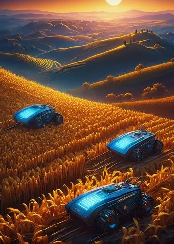 AI corn, futuristic sci-fi, metallic sheen, glowing blue circuits, golden kernels, robotic harvesting, misty dawn, rural landscape, rolling hills, sunrise, warm lighting, shallow depth of field, cinem