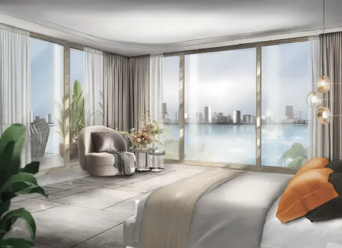 penthouses,3d rendering,modern room,waterview,arcona,fisher island