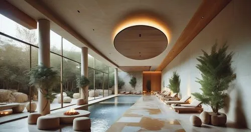 The interior of the spa is designed in the style of Alvaro Siza, with tall columns and a large swimming pool surrounded by limestone walls. There is a forest outside the window. The rock wall behind i