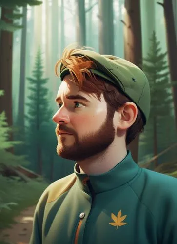 a 45 years old man walking in forester clothing, wearing a cap in a mountain forest. Full body,a painting of a person in a forest with trees,forest man,yogscast,pawlowicz,kovic,friedemann,woodsman,Ill