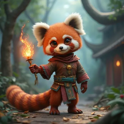 A Cute Red Panda Entrenched in a Disney Castle, Clay Material, Pixar, Cartoon, 3D Rendering, Ultra Fine Detail,red panda standing and holding a glowing stick,red panda,puxi,a small red panda,tanuki,pa