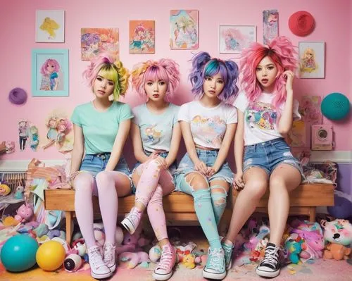 Unstable cuties, group of 5 girls, colorful hairstyles, different facial expressions, quirky outfits, ripped tights, Converse shoes, messy bedrooms, scattered toys, manga posters, Japanese-inspired de