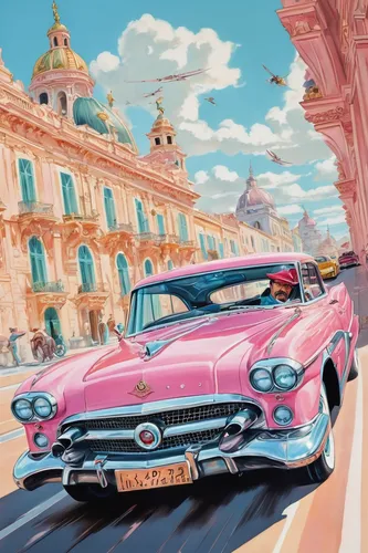 muscle car cartoon,monte carlo,pink car,ford thunderbird,ford starliner,volvo p1800,sunbeam alpine,sunbeam tiger,nash metropolitan,cuba background,alfa romeo 1900,american classic cars,classic cars,cuba havana,coquette,volvo amazon,vintage cars,pompadour,karmann ghia,illustration of a car,Conceptual Art,Fantasy,Fantasy 24