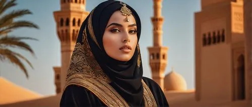 Middle Eastern, Arabian woman, curvy figure, hijab, abaya, gold jewelry, intricate patterns, dark eyes, thick eyelashes, bold eyebrows, full lips, warm skin tone, desert landscape, sandy dunes, palm t