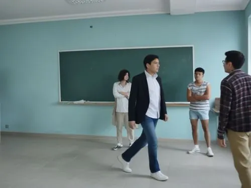 four students standing in a room with a chalkboard in the back,seenu,class room,lakorn,classrooms,leehom,siwon