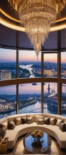 Luxurious architecture, river cruise ship, modern design, grand atrium, spiral staircase, crystal chandelier, marble floor, panoramic windows, VIP lounge, luxury suites, private balcony, evening scene