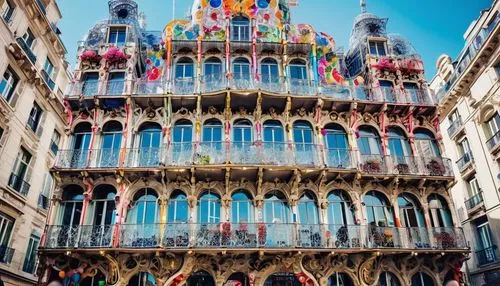 Baroque style building, Pompidou Center, colorful tubes, modern architecture, urban cityscape, Parisian streets, sunny afternoon, soft natural light, detailed textures, intricate details, ornate decor