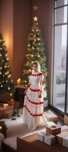 a woman dressed in white dress standing near christmas tree,santa hanging on christmas tree,christmas trailer,exanta,christmas santa,tannenbaum,santa claus,Photography,General,Realistic