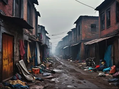 Shanty town, makeshift housing, corrugated iron roof, crumbling brick walls, broken windows, rusty metal doors, poverty-stricken neighborhoods, narrow alleys, dirty streets, trash scattered around, ol