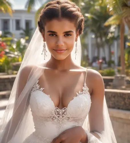 Beautiful sexy ivorian bride, smiling, in a white dress at her luxurious wedding. Outdoor, sunshine, tropical. Photorealistic. complete delicate facial makeup red lipstick, very long eyelashes, wavy h