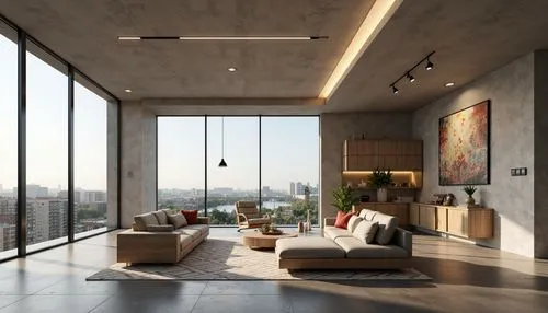 penthouses,concrete ceiling,modern living room,interior modern design,modern decor,loft,modern room,contemporary decor,living room,minotti,sky apartment,home interior,3d rendering,livingroom,luxury home interior,daylighting,lofts,apartment lounge,habitaciones,hallway space