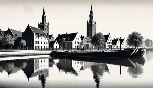 Achtererfjes Weesp 1902, dessin au fusain noir et blanc fond dégradé gris sur toile de lin par Adriaan Boer (1875–1940),lübeck,hanseatic city,rendsburg,new-ulm,greifswald,bremen,bruges,greifswald harb