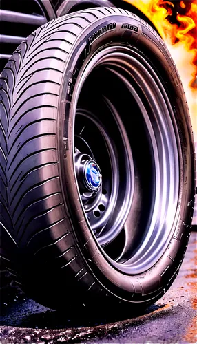 Dynamic tire screech sound effect, close-up shot, metallic rim, black rubber tire, smoking hot wheel, asphalt road, dramatic light, intense composition, high-contrast, fast motion blur, detailed textu