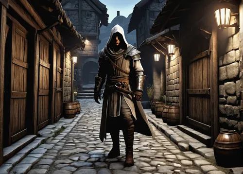 hooded man,apothecary,merchant,medieval street,assassin,the wanderer,candlemaker,lamplighter,cloak,old coat,hamelin,blacksmith,quarterstaff,dodge warlock,cordwainer,shopkeeper,vendor,overcoat,massively multiplayer online role-playing game,hooded,Art,Artistic Painting,Artistic Painting 01