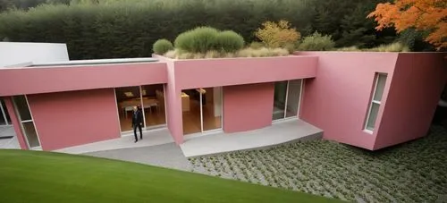 DISEÑO EXTERIOR DE UNA CASA ESTILO MINIMALISTA, CON ELMENTOS DE COLOR BLANCO, COLOR CONCRETO PULIDO, UN MURO EN COLOR ROSA MEXICANO, TERRENO CON PENDIENTE CON CESPED, FOTOGRAFIA HIPERREALISTA, VEGETAC