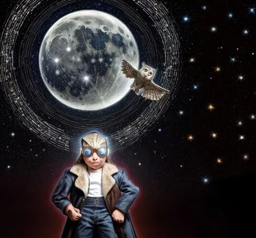 pilot boy, moon, owl, starry night,violinist violinist of the moon,ganymede,moon walk,image manipulation,celestial body,photomanipulation,photo manipulation,moon and star background,photomontage,the m