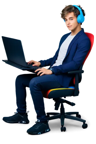 Gaming boy, dynamic pose, athletic build, messy short hair, cool gaze, trendy headset, colorful gaming keyboard, high-tech mouse, comfortable gaming chair, relaxed posture, one leg crossed over other,