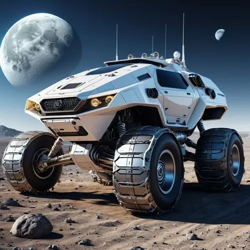 A futuristic vehicle with an exploration mission to the Moon for the year 2300.,a large vehicle on a rock area with another planet in the background,moon rover,moon vehicle,mars rover,turover,moon car