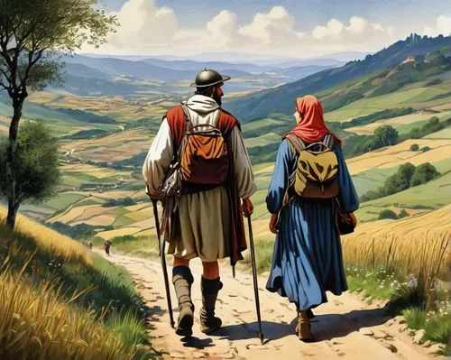 pilgrims,travelers,shepherd romance,biblical narrative characters,hikers,goatherd,nomads,pilgrimage,digital nomads,basotho,world digital painting,young couple,the wanderer,game illustration,man and wife,traveler,peasant,nomadic people,villagers,campagna,Art,Classical Oil Painting,Classical Oil Painting 42