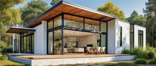 Modern architectural prefab home, minimalist design, rectangular shape, large windows, sliding glass doors, wooden accents, flat roof, greenery surroundings, sunny day, natural light pouring in, 3/4 c