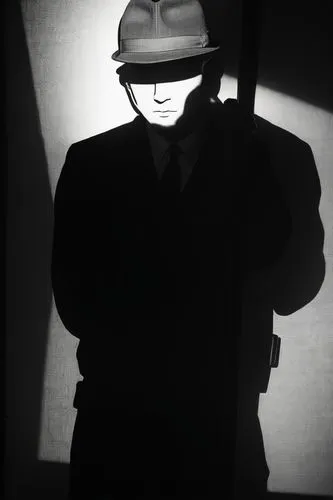 Color the drawing in post-apocalyptic, cyberpunk, vaporwave style,a man in a hat and suit holding a shovel,film noir,noir,inspecteur,man silhouette,miyakejima,smooth criminal,Photography,Black and whi