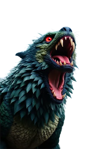 Fierce monster, green scaly skin, sharp teeth, glowing red eyes, muscular arms, claws, roaring sound effect, echoing howl, dark misty atmosphere, close-up shot, dramatic lighting, cinematic compositio