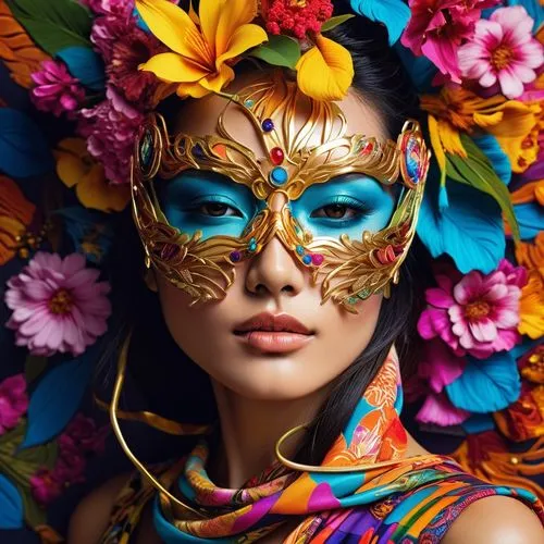 Fashion Design, Super Model,a beautiful young woman in a colorful costume,venetian mask,masquerade,masquerading,golden mask,masques,beauty mask,Photography,Artistic Photography,Artistic Photography 08