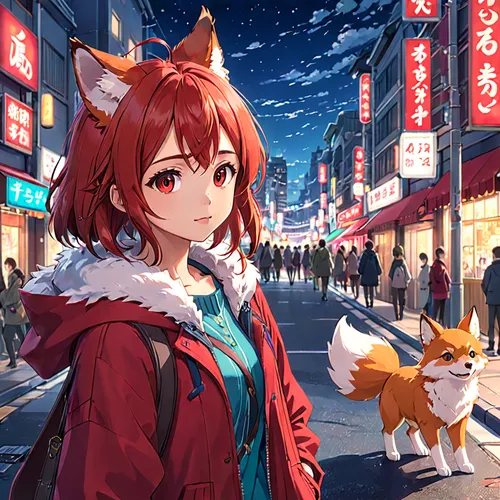 red kitsune girl,cute fox,kitsune,inari,adorable fox,christmas fox,fox,child fox,street cat,foxes,asakusa,christmas background,shibuya crossing,winter festival,a fox,christmas wallpaper,christmas snow