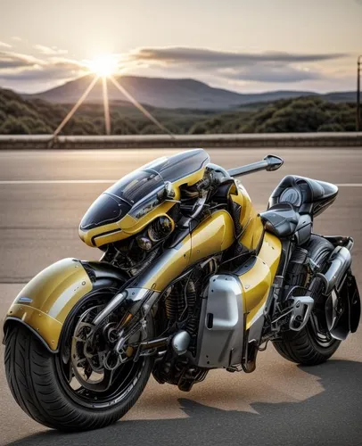 a yellow motorcycle on the road near mountains,electric motorcycle,busa,ducati 999,ducati,yellowjacket,bumblebee