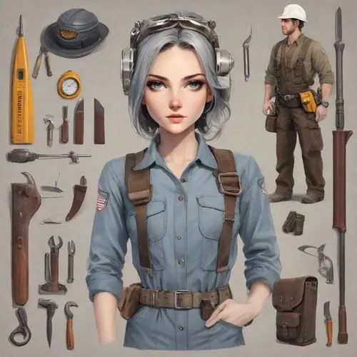 an art piece of a girl holding soing to her hand,female worker,mechanic,machinist,engineer,biologist,girl with gun