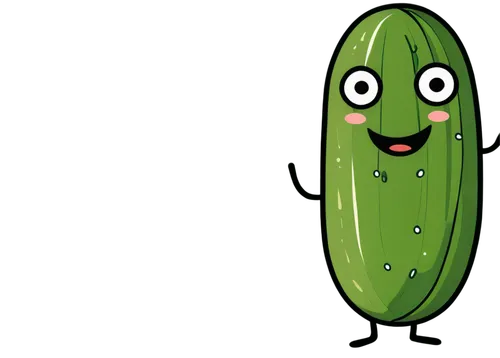 Free pickle, cartoon style, green cucumber pickle, smiling face, big shiny eyes, tiny nose, curly eyebrows, transparent background, PNG format, simple outline, solid color fill, playful composition, 2