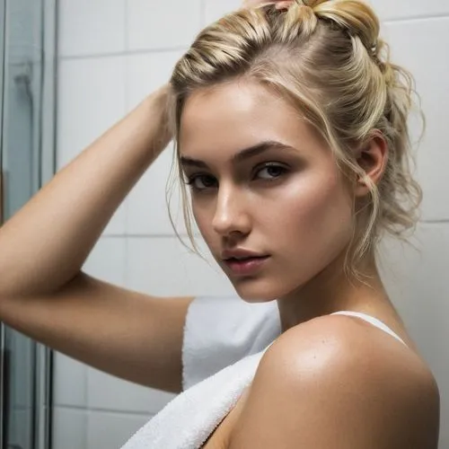 photo shoot in the bathroom,in a towel,bathtub,bath white,blonde woman,wallis day,tub,bathrobe,updo,blonde girl,shower,shower head,model beauty,ponytail,tying hair,bathroom,blond girl,mascara,shower door,chignon,Conceptual Art,Fantasy,Fantasy 11