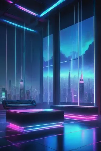 Futuristic digital building, sleek metallic structure, neon lights wrapping around pillars, holographic screens displaying data streams, translucent glass floors reflecting LED lights, minimalist inte