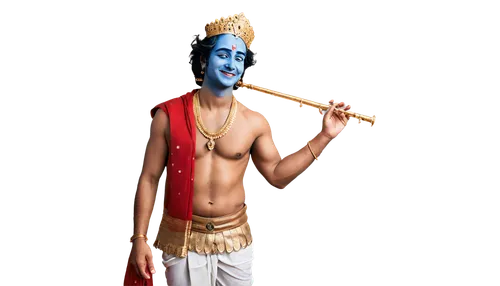 Lord Krishna, Indian deity, blue skin, handsome face, smiling, crowned with peacock feathers, golden jewelry, white dhoti, red shawl, holding flute, standing in relaxed posture, soft focus, warm light