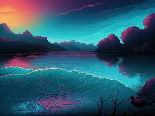 spectacular waves ,acid lake,fantasy landscape,evening lake,waterscape,volcanic lake,water scape,lagoon,dusk background,river landscape,water waves,world digital painting,futuristic landscape,lava riv