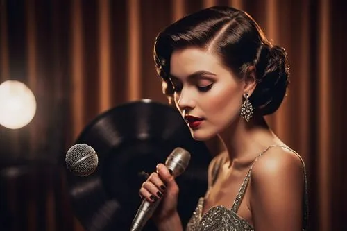 Microphone, vinyl record, music notes, elegant fingers, holding, classic hairstyle, subtle makeup, evening gown, luxurious fabric, satin texture, shimmering embroidery, dim studio lighting, warm color