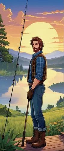 lumberjack pattern,lumberjack,version john the fisherman,woodsman,bard,dulcimer herb,brawny,farmer in the woods,big-game fishing,jon boat,fishing rod,huckleberry,cartoon video game background,fishing,fishing classes,yukon,heidi country,fiddler,east-european shepherd,pilgrim,Illustration,Retro,Retro 21