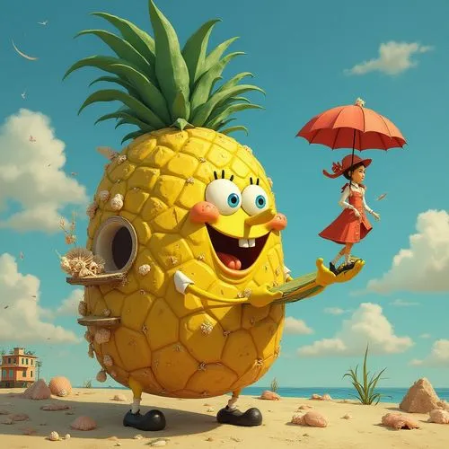 Create a surreal image of Mary Poppins with Spongebob's yellow skin and pineapple-shaped house, holding a magic carpet made of seashells.,cartoon painting of a pineapple holding an umbrella,pineapple 