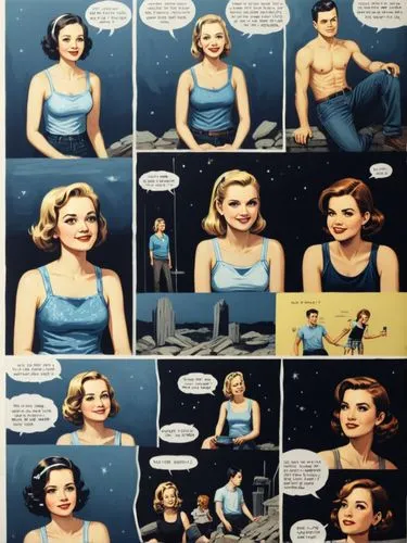 Design a fun comic page for a youth magazine.,comic strip from a woman's face and head with a man and woman sitting in the,pixton,comic speech bubbles,buffyverse,phonogram,speech bubbles,loss,Illustra