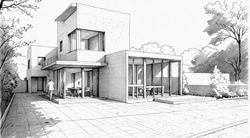 an illustration of a drawing of a modern house,sketchup,revit,house drawing,neutra,crittall,lasdun,Design Sketch,Design Sketch,Detailed Outline