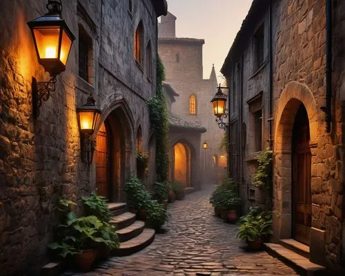 Narrow alleyway, Poyner Macchietto architecture style, medieval-inspired buildings, worn stone walls, ornate wooden doors, rusty metal lanterns, vines crawling up facades, dimly lit atmosphere, warm g